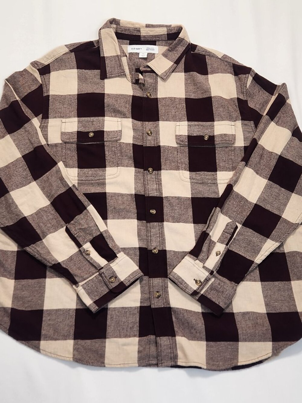 Old Navy Men XXL Regular Fit Flannel Shirt NWT Burgundy Cream Buffalo Check Flex